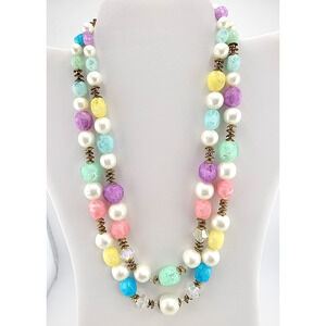 Vintage 2 Strand Necklace Pastel Plastic Beads Glass AB Beads Spring Easter